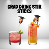man and a womans faces wearing grad cups on drink stir sticks